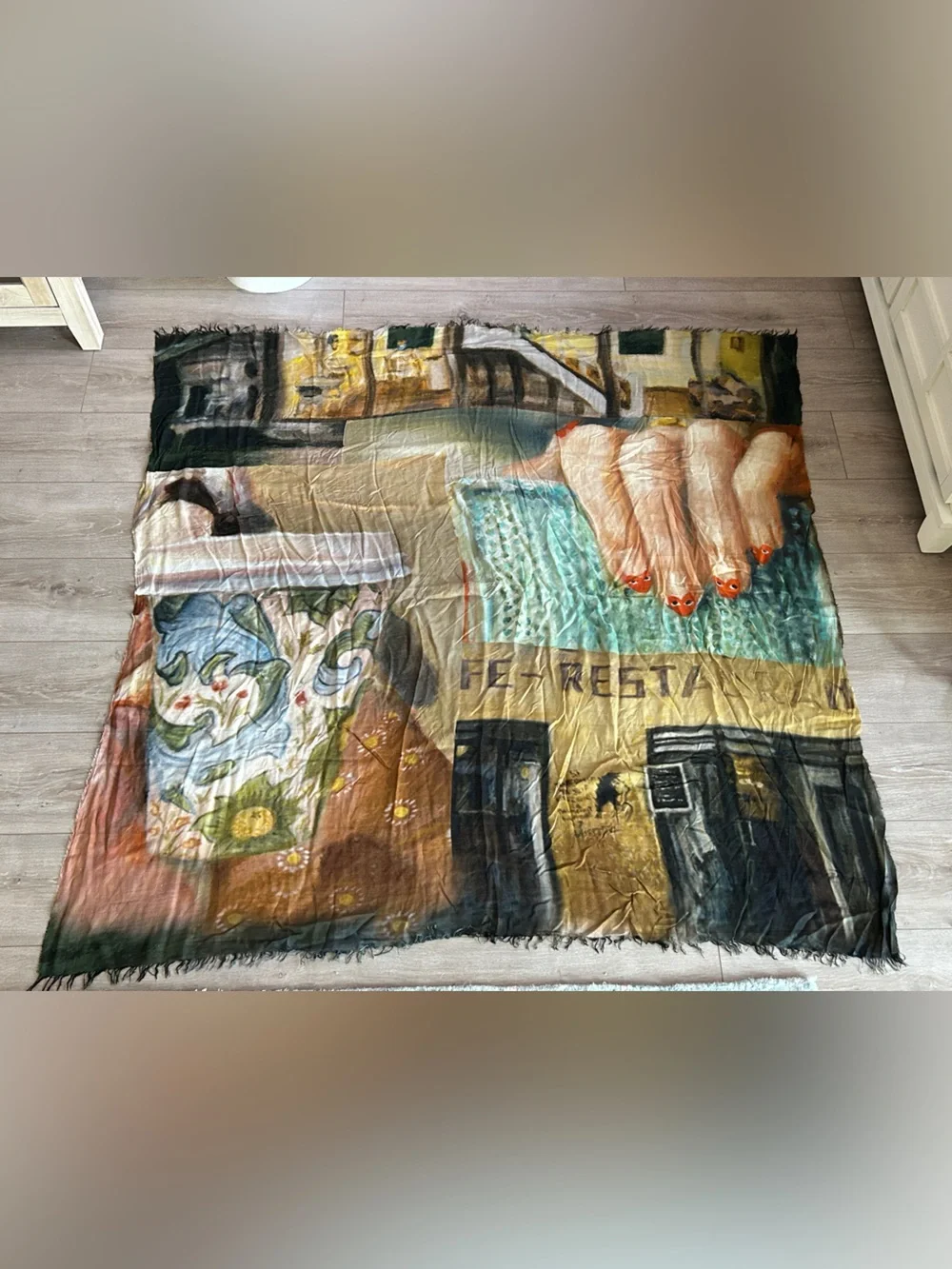 Suzi Roher Italy Multi Color Surreal Cafe Art Modal Silk Large Square Scarf Wrap